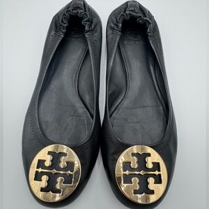 Tory Burch Black Flats with Gold Emblem
